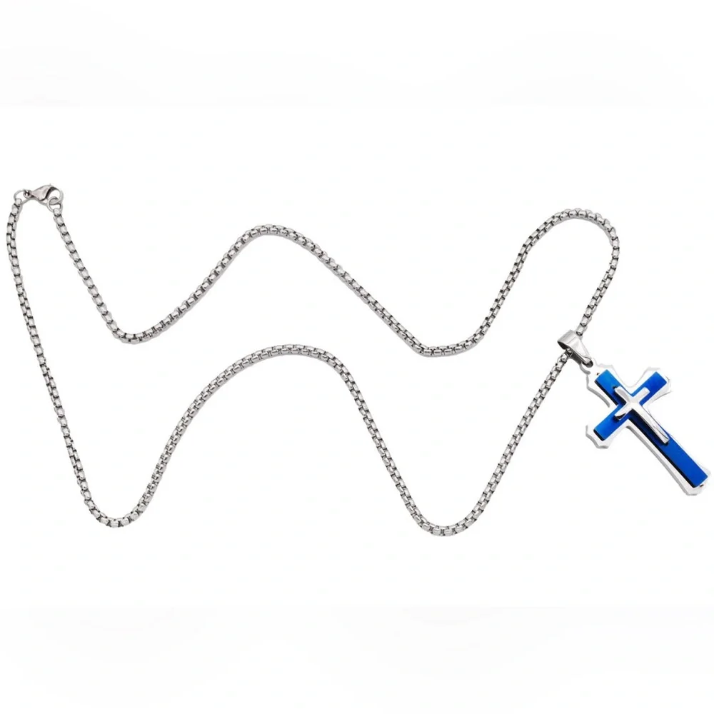 NEW Blackjack, Stainless Steel Blue Cross Pendant Necklace - Picture 4 of 5